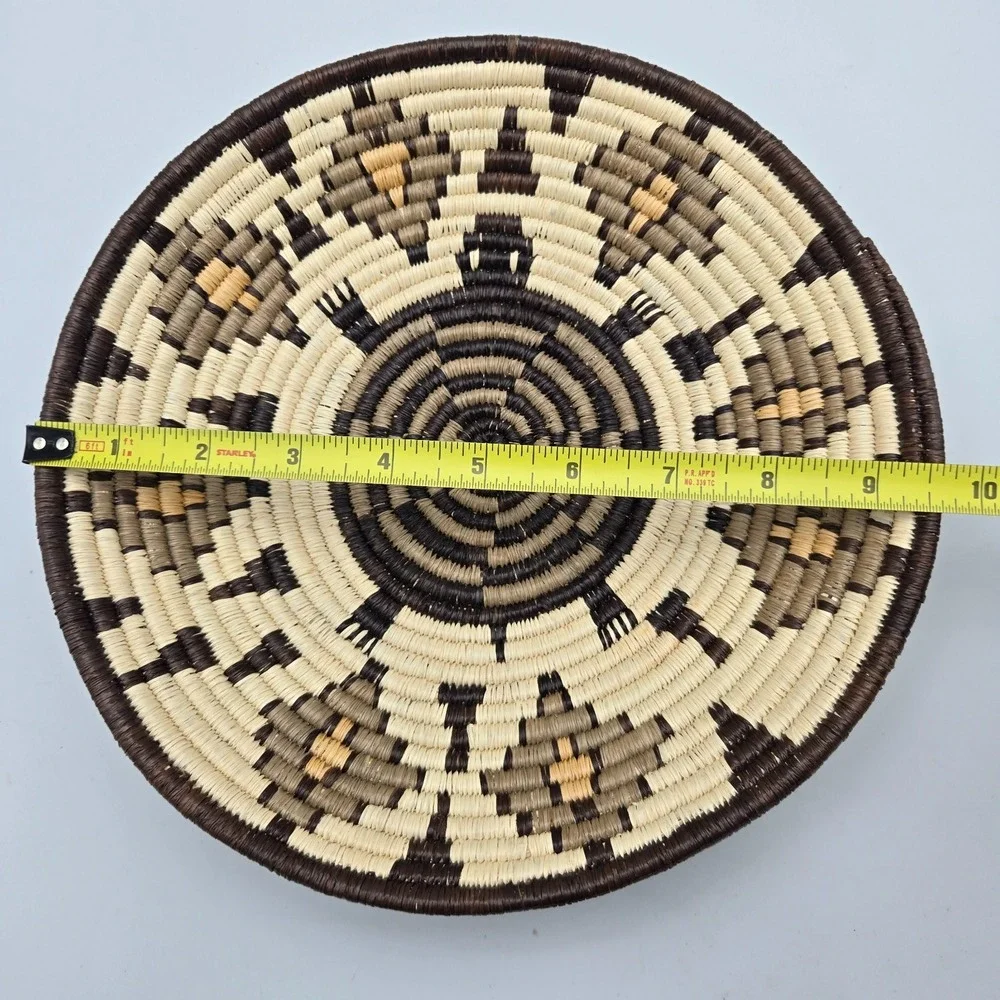 Handwoven Coiled Basket Bowl Geometric Turtle Brown‎ Cream Southwest Style 9.75